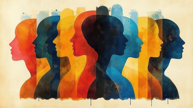 Overlapping colorful human profile silhouettes in layered blue, orange, red and yellow panels, evoking unity, introspection and contemplative connection