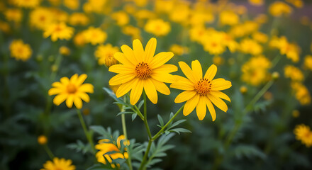 Fototapeta premium Vibrant Yellow Flowers Blooming in a Sunny Summer Garden Meadow