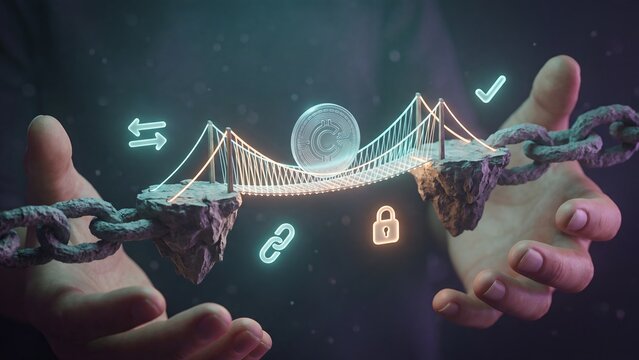 Blockchain bridge and cross chain transfer, hands with chains holding rock islands connected by bridge with crypto coin, padlock and link icons, token swap, interoperability and decentralized exchange