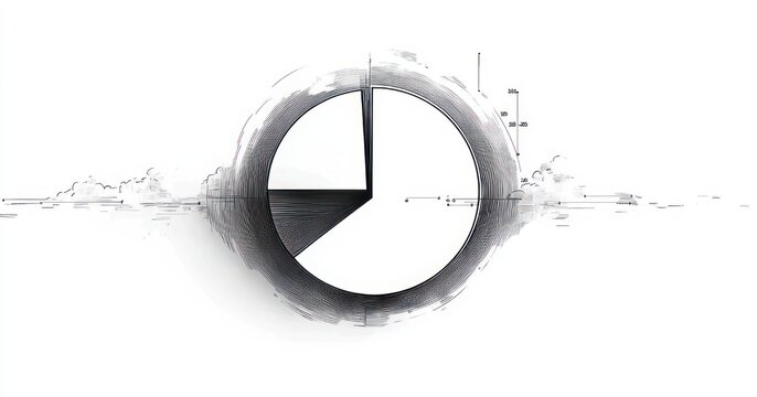 Monochrome hand-sketched pie chart with one shaded quarter, textured circular ring, radial measurement marks and horizontal lines conveying analytical focus and calm minimalism