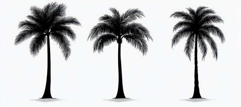 three black silhouetted palm trees with splayed fronds on a stark white background, minimalist composition evoking calm tropical serenity