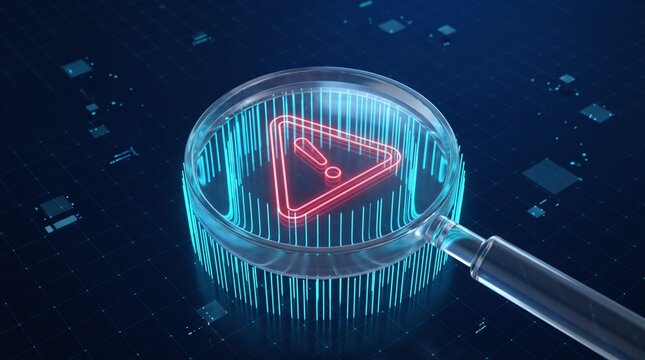 Digital vulnerability scanning visualization featuring a magnifying glass focusing on a glowing red alert sign within a high-tech network environment