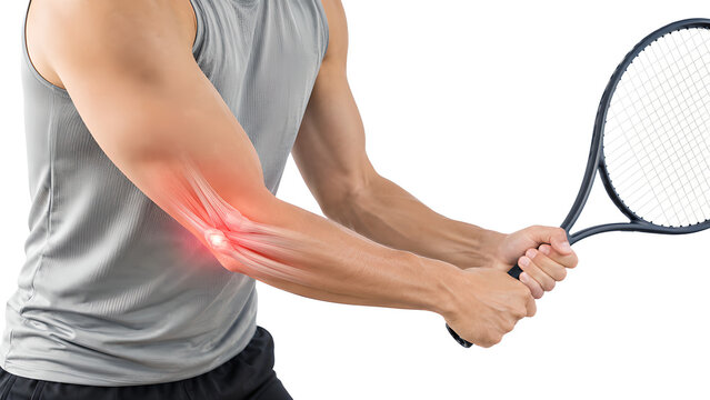 Tennis elbow lateral epicondylitis medical illustration showing inflamed elbow tendon and lateral epicondyle pain on white background for healthcare, patient education, and orthopedic communication