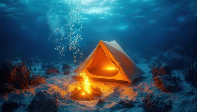 glowing tent and campfire on a coral seabed underwater with bubbles rising and soft shafts of light, surreal peaceful dreamlike scene