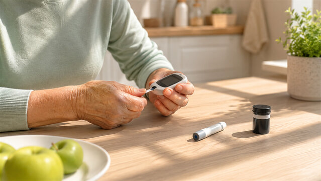 woman checking blood glucose level with glucometer. Senior patient monitoring diabetes at home. Health diagnostic tool for sugar level, medical control and disease management concept