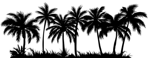 Silhouetted palms stand tall against plain background. Grassline accents ground the scene in natural setting. Tropical vibes suggest vacation or escape. Ideal for travel, beach, or relaxation themes © Creative_Juice_Art