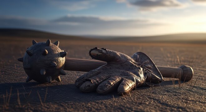 Mud caked leather glove and spiked mace lying on the ground outdoors