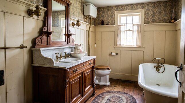 Rustic colonial style bathroom with wooden paneling marble top vanity and vintage white bathtub on wooden floor
