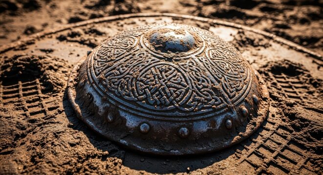 Ornate Viking Shield Boss Buried in Ancient Earth