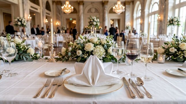 Elegant wedding reception table setting, luxury ballroom banquet with white floral centerpieces, sophisticated gala dinner event decor