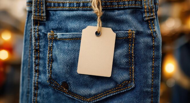 close-up of blue denim jeans back pocket with a blank beige paper tag tied by twine, visible orange stitching and warm blurred lights creating an inviting casual shopping mood