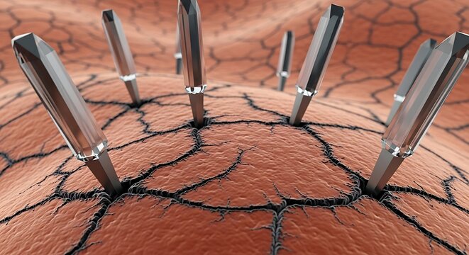 Metal surgical retractors holding open a circular incision in human skin. Precision medical tools exposing tissue during a surgical procedure. Esse...
