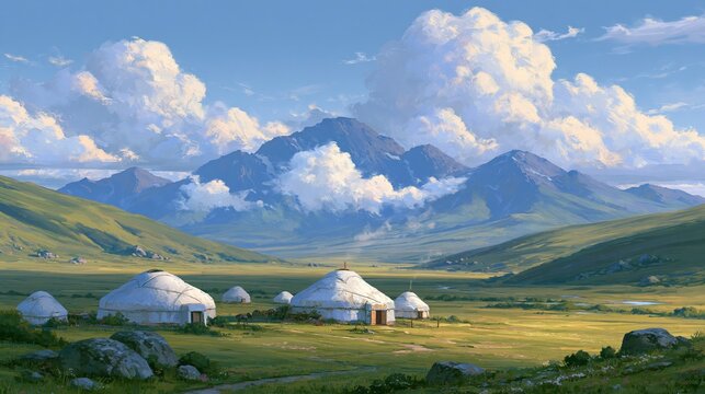 Majestic mountain valley with traditional yurts under big fluffy white clouds summer day.