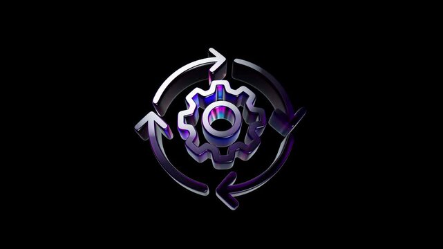 Shiny glass gear icon with rotating circular arrows for process automation and business workflow 3D Icon