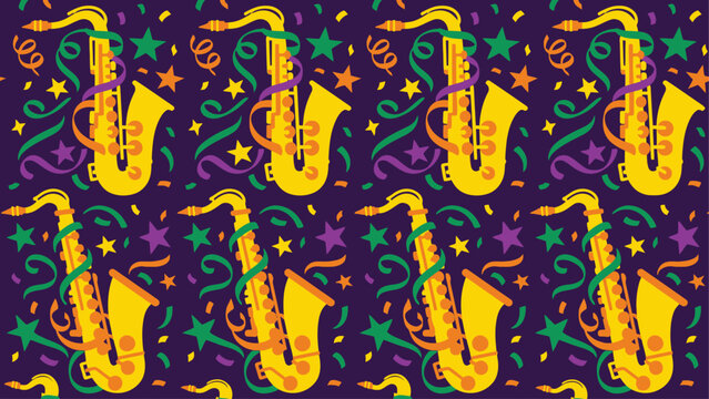 Seamless pattern of yellow saxophones with confetti and stars on purple background. Flat vector illustration of Mardi Gras Carnival.