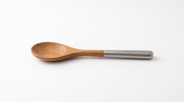 Wooden spoon with stainless steel handle on white background  