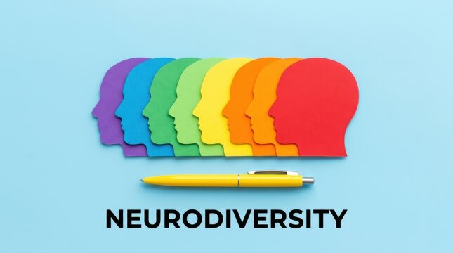 Neurodiversity Concept with Colorful Paper Head Silhouettes and Yellow Pen on Blue Background Representing Inclusivity, Mental Health, and Equality