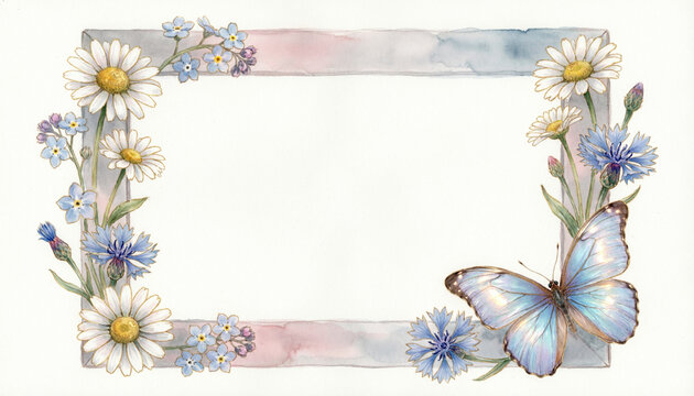 floral frame with butterfly and wildflowers