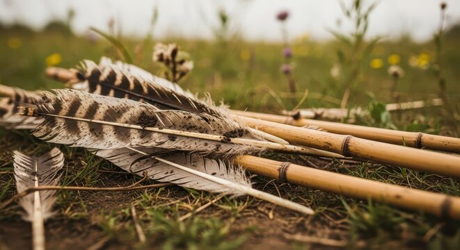 Pile of Broken Arrow Fletchings Lying in a Grassy Field