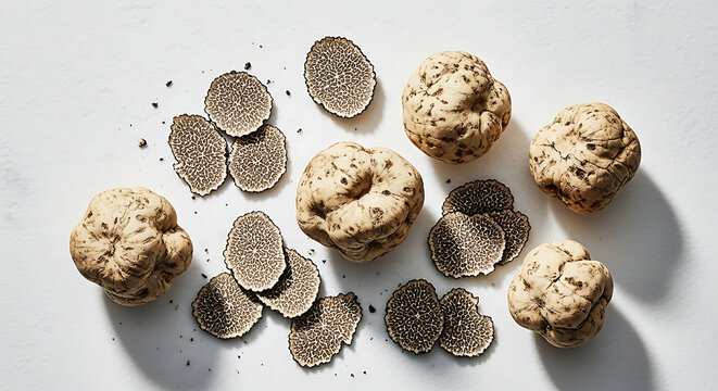 Fresh white truffles and thin slices arranged on a white background.