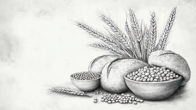 pencil sketch of rustic crusty loaves with bowls of round legumes, scattered grains and wheat stalks conveying a tranquil wholesome still life