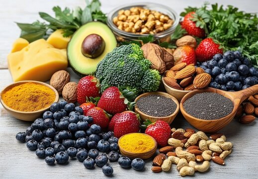 Vibrant, nourishing spread of fresh blueberries, strawberries, avocado, broccoli, cheese, assorted nuts, chia seeds, turmeric and herbs