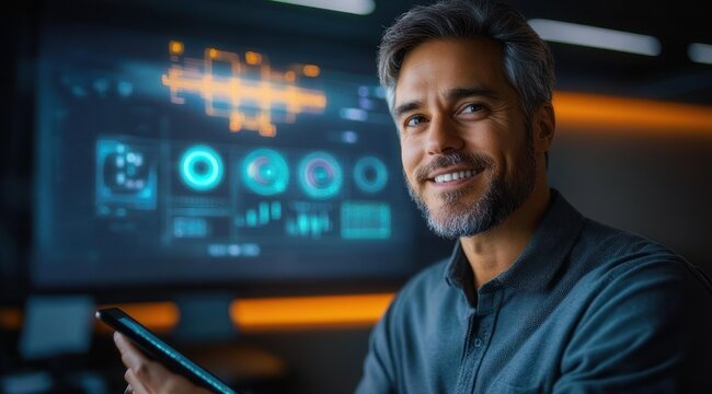 Confident smiling middle-aged man holding a tablet in a dark modern workspace with glowing blue and orange digital dashboard and data visualizations