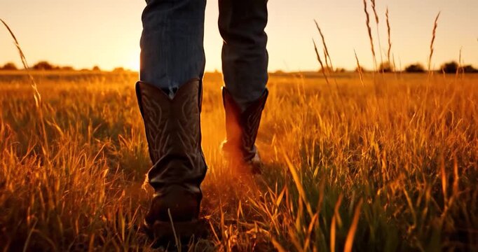 Cowboy wearing leather boots walking through a grass field at sunset