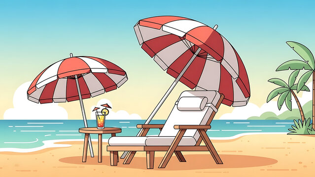 Idyllic beach scene with two striped umbrellas, a lounge chair, and a cocktail, perfect for vacation and relaxation themes.