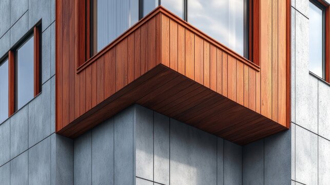 modern building corner with cantilevered wooden box balcony over gray concrete panel facade and reflective windows, sleek minimal design with calm refined mood