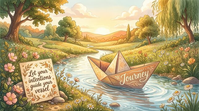 Paper boat named Journey floats on serene river during golden hour sunset