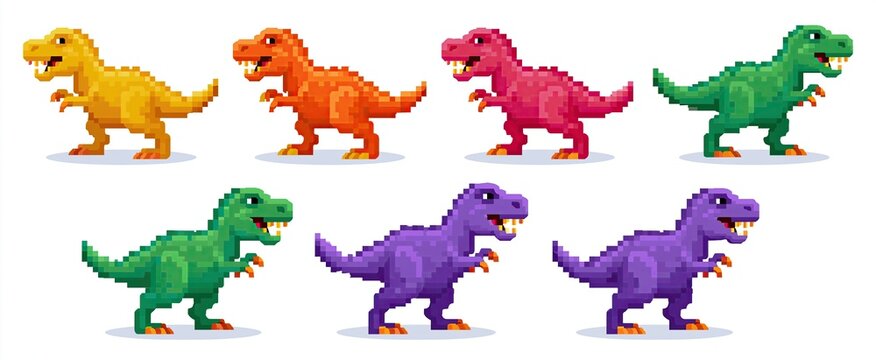Fierce T-Rex dinosaurs depicted in vibrant 8-bit pixel art, perfect for retro gaming and adventure themes.