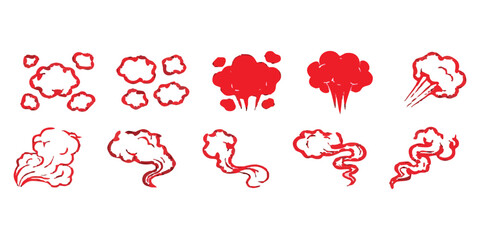 Set of red cartoon smoke and explosion effects for comic book action design © Sharmin