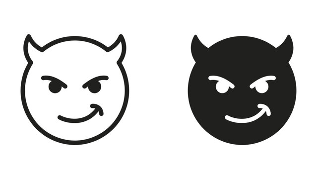 Mischievous Devil Emoji: Two stylized devil emojis, one outlined and one filled black, depict a mischievous expression with a sly smile and devil horns, representing cunning or playful naughtiness.