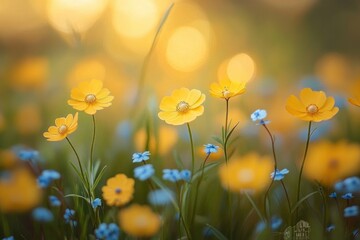 Fototapeta premium Sunlit yellow wildflowers with tiny blue blossoms in a dreamy meadow, soft golden bokeh and a peaceful joyful mood