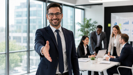 Fototapeta premium Professional businessman reaching out for a handshake in a modern office with his diverse team working in the background during a corporate meeting to welcome a new client or business partner