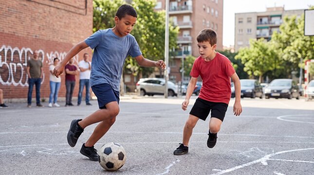 Two young boys playing soccer on an urban playground, with spectators in the background and buildings visible in the distance