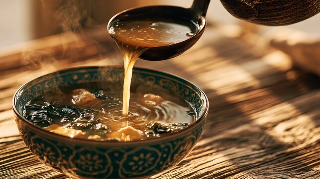 Pouring hot savory miso soup with tofu and seaweed into traditional bowl from iron ladle.