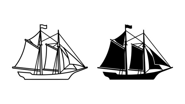 Sailing Ship Outline and Silhouette: Two detailed illustrations of a sailing ship, one in outline form and the other as a solid silhouette.