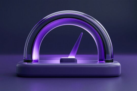 Glowing transparent purple glass half arch speedometer with measuring needle on dark purple matte base representing performance and speed measurement concept
