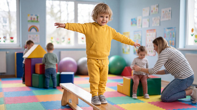 Child in yellow outfit balances on a beam in a colorful preschool classroom with play equipment and other children in the background
