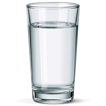 Tall clear transparent glass tumbler filled with half full of clean pure drinking water placed on plain solid white background showing healthy daily hydration concept