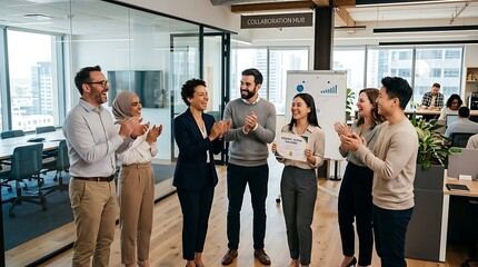Fototapeta premium Diverse professionals high-fiving in modern office. Team celebrating successful project completion with cheerful expressions. Business colleagues c...