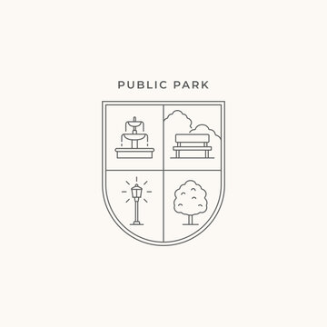 City park public space emblem logo design. Garden crest badge logo with fountain, bench, park light and tree symbol logo icon line art style vector illustration