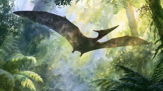 Majestic pterodactyl soars through prehistoric jungle a breathtaking illustration of ancient flight