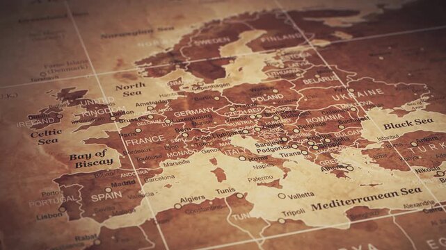 Stylized vintage political map of EU European Union and Europe. 3d animation