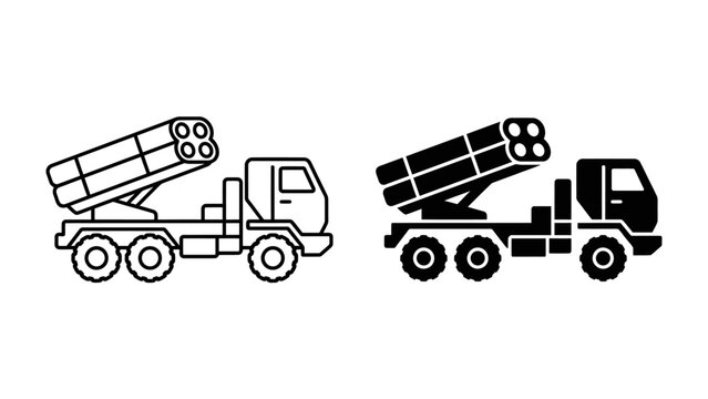 Rocket Launcher Truck Icon: A simple, graphic representation of a rocket launcher truck in two styles, outline and silhouette, perfect for use in presentations, designs, or educational materials.