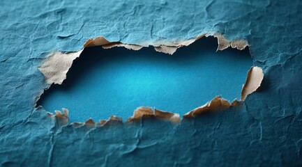 Fototapeta premium torn blue paper revealing bright teal textured layer with rough fibrous edges and dramatic lighting, evoking curiosity and discovery