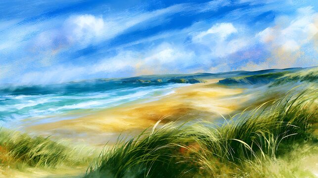 Serene coastal watercolor scene tranquil dunes meet turquoise waves under a vibrant blue sky
