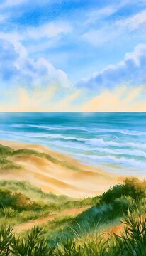 Serene coastal watercolor illustration depicts golden dunes meeting turquoise ocean under a vibrant sky